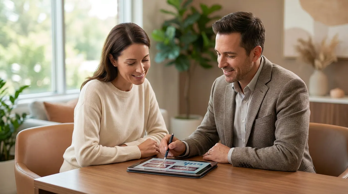 Illustrative dentist and patient reviewing feldspathic porcelain candidacy during consultation.