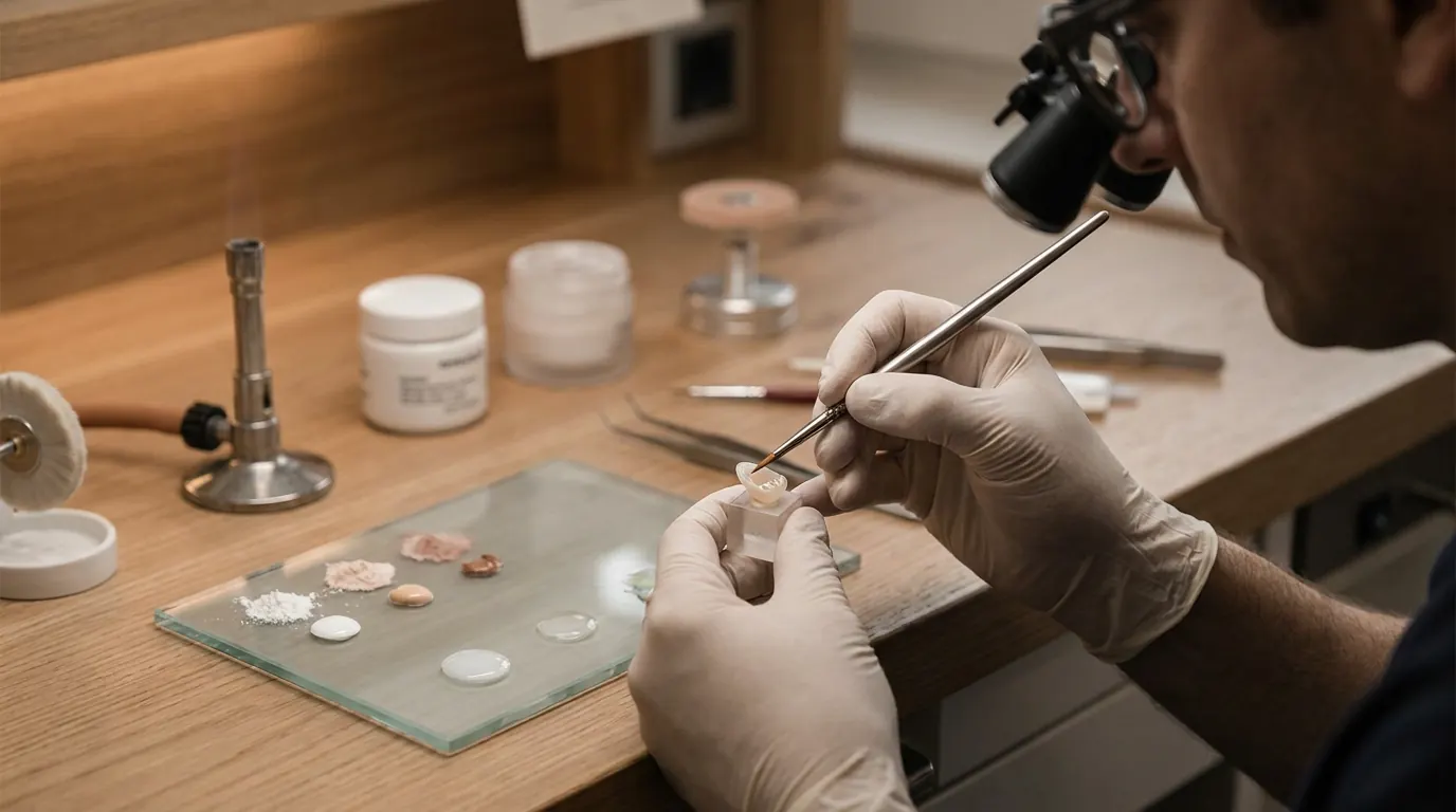 Illustrative ceramist hand-layering feldspathic porcelain with fine dental lab tools.