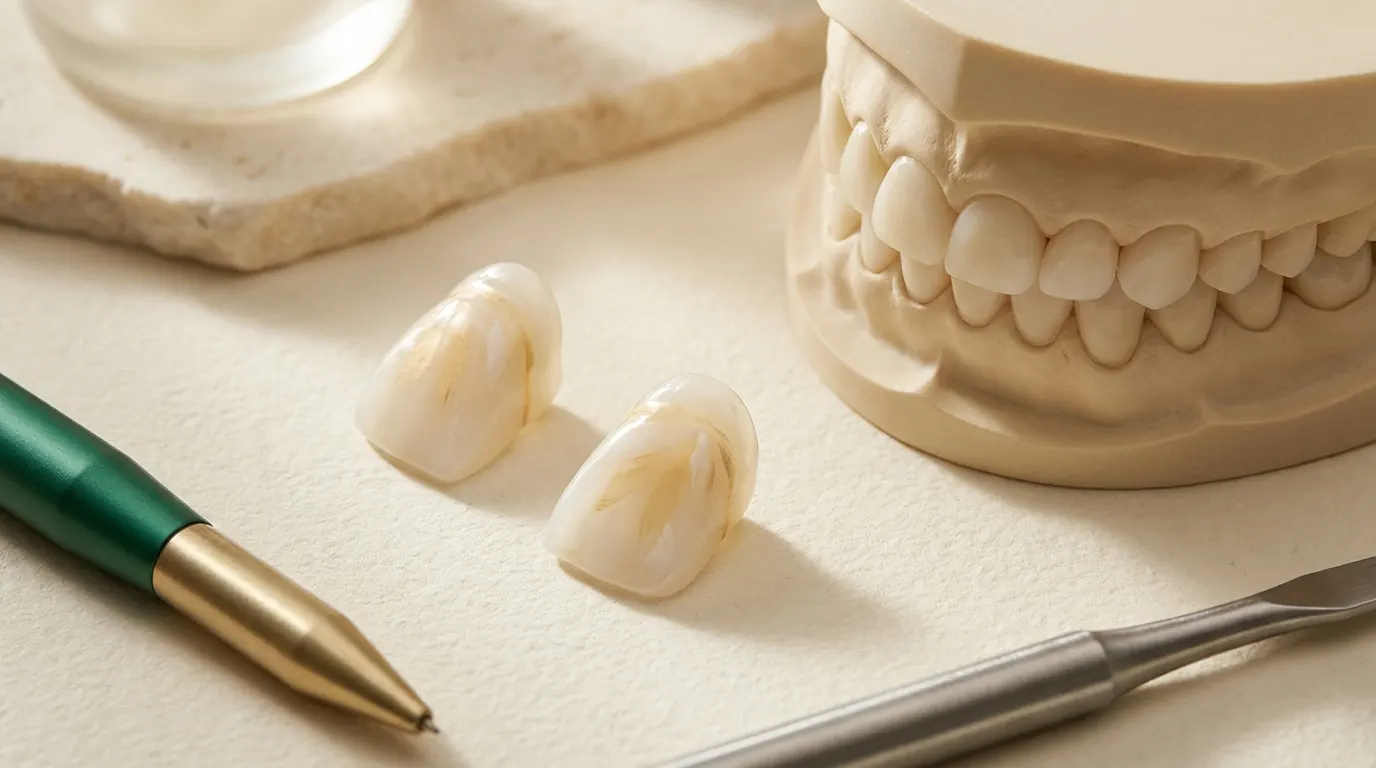 Illustrative aspirational feldspathic porcelain smile and hand-layered veneer material visual.