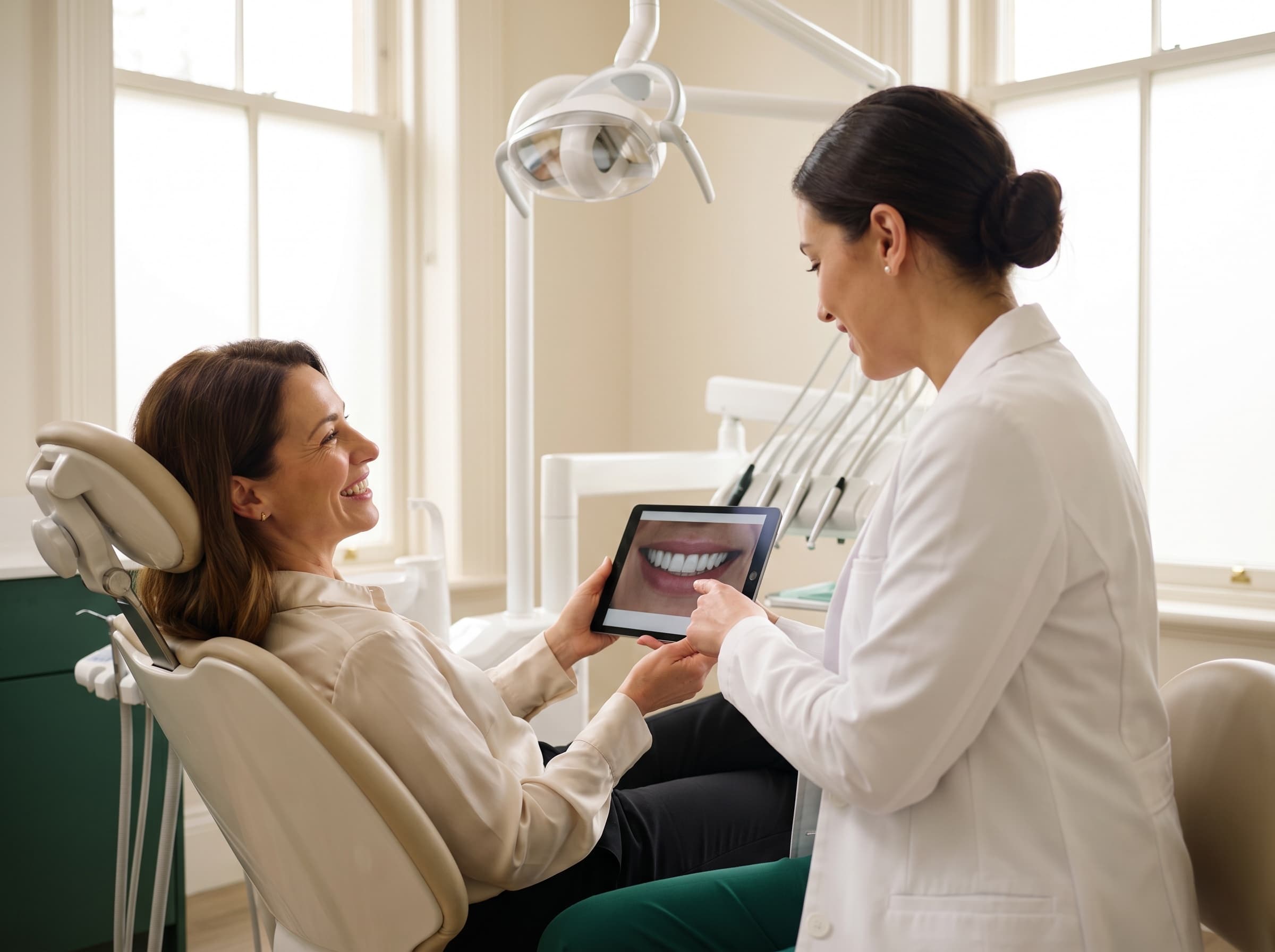 Patient in a dental chair reviewing a dream smile plan with a cosmetic dentist