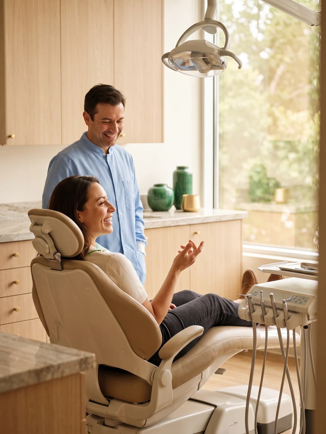Smiling patient talking with a dentist during a veneer consultation