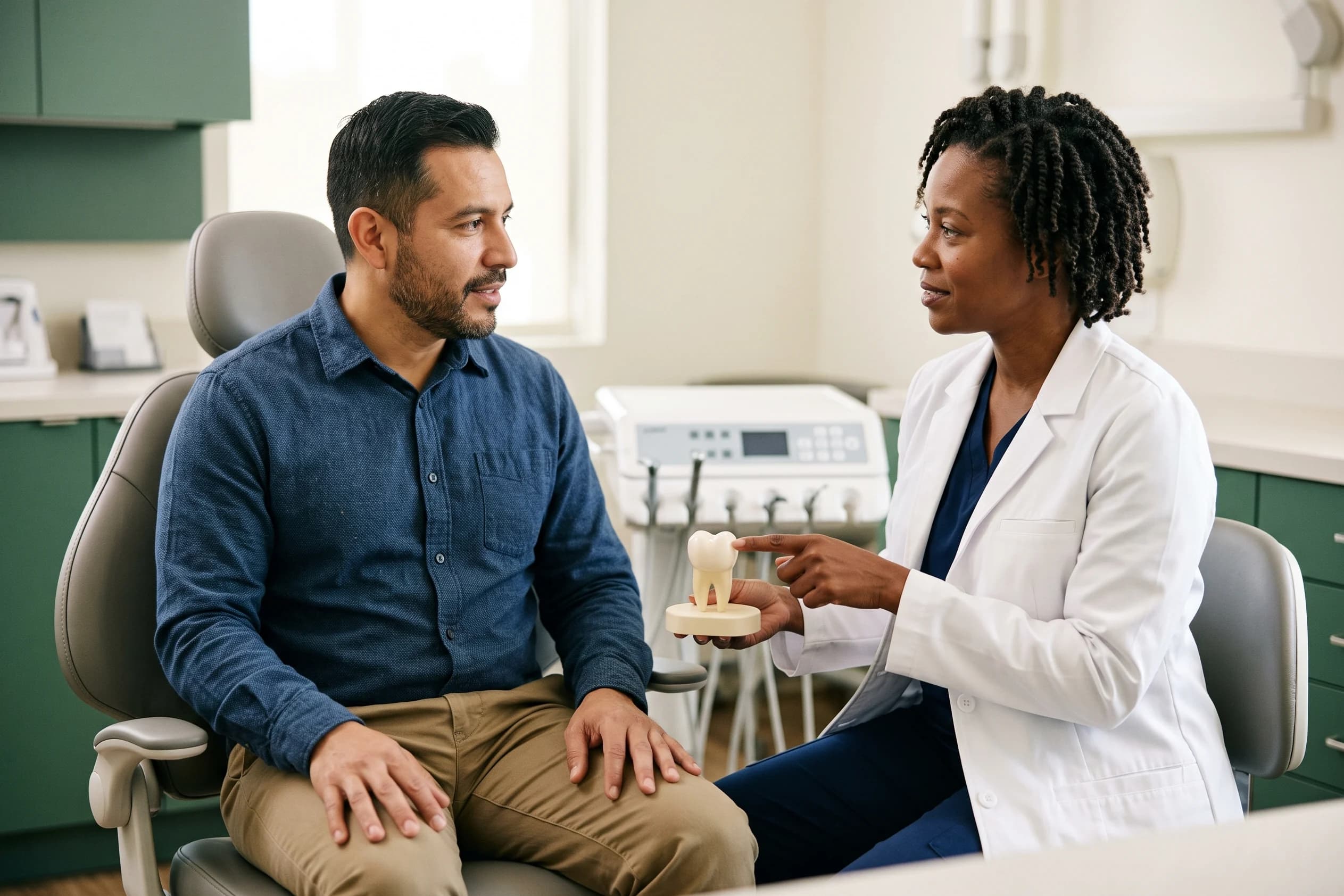 Illustrative patient and dentist reviewing a dental model during a consultation.