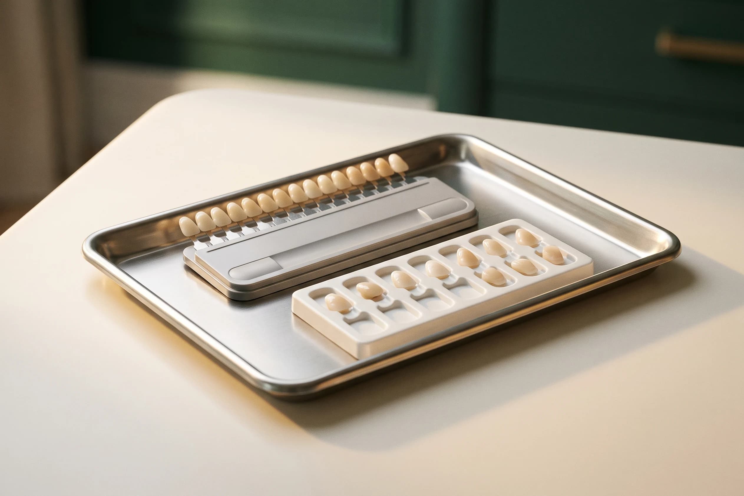 Illustrative veneer shade guide and ceramic veneer samples on a stainless dental tray.