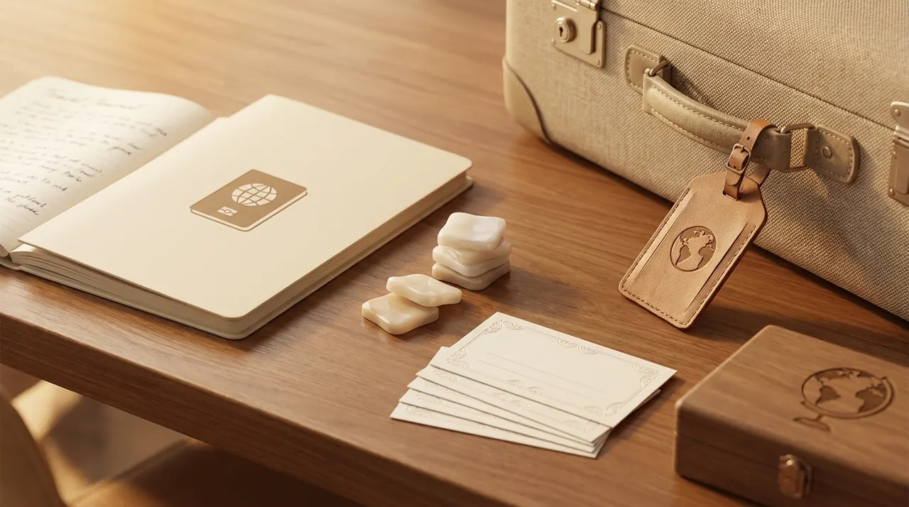 Illustrative veneer materials, planning, and travel logistics concept.