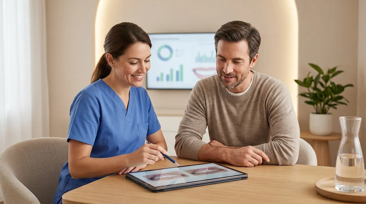 Illustrative dentist and patient reviewing veneer candidacy during consultation.