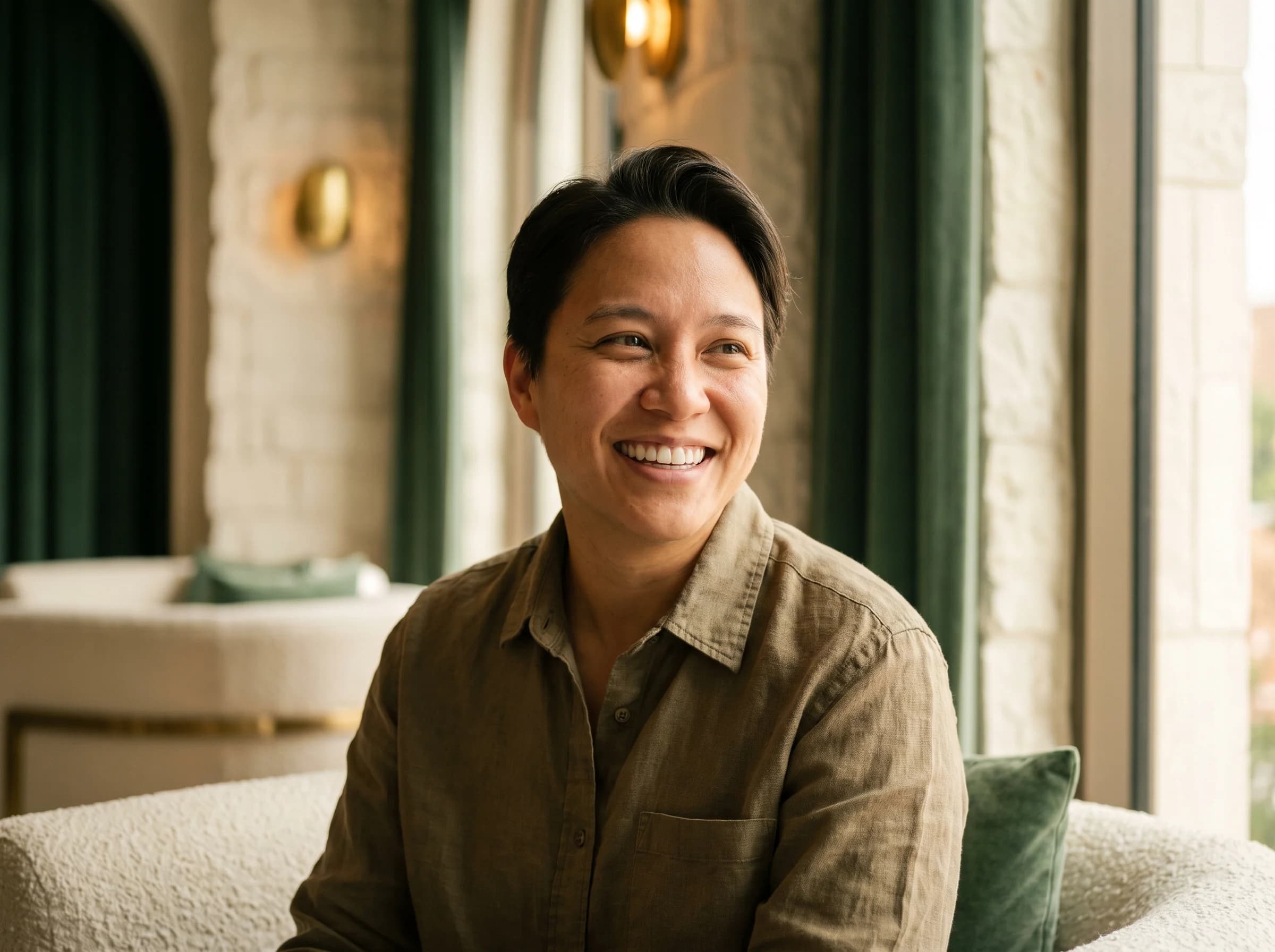 Editorial portrait of a smiling adult in a warm neutral setting.